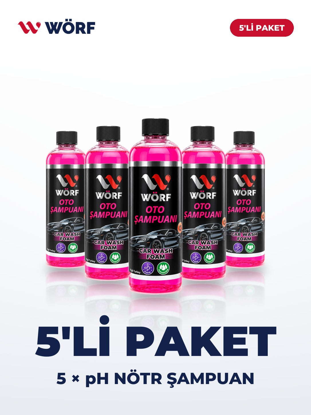 Wörf 5'li pH Nötr Oto Şampuanı – 5 × 400 ml