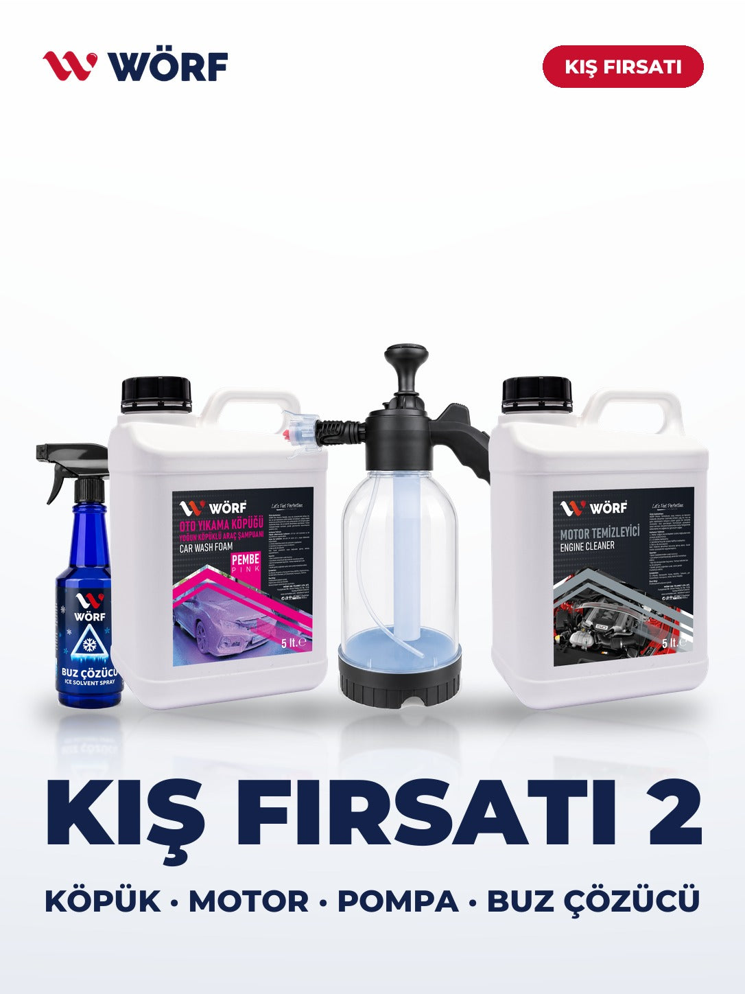 Wörf Kış Fırsatı 2 – Pembe Köpük 5 L + Motor Temizleyici 5 L + Pompa + Buz Çözücü