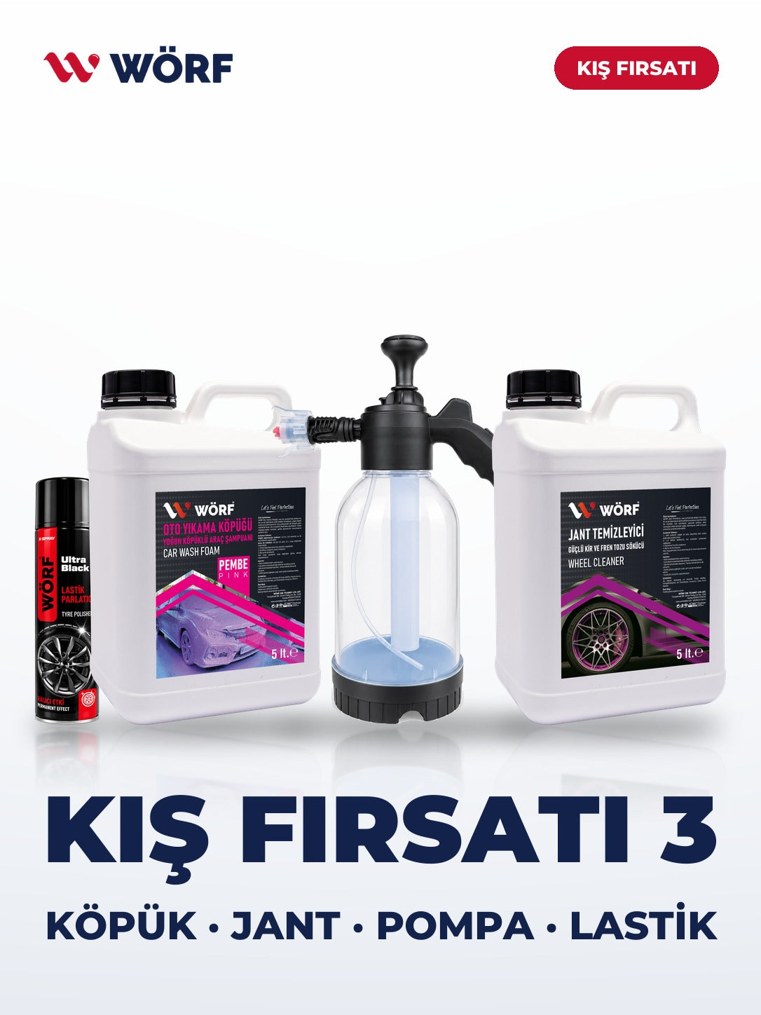 Wörf Kış Fırsatı 3 – Pembe Köpük 5 L + Jant Temizleyici 5 L + Pompa + Ultra Black