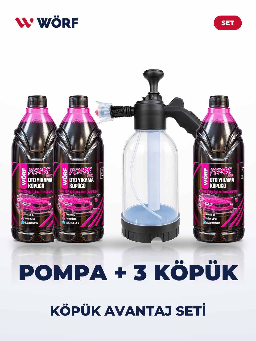 Wörf Köpük Avantaj Seti – Köpük Atan Pompa + 3 × Pembe Köpük 1 L